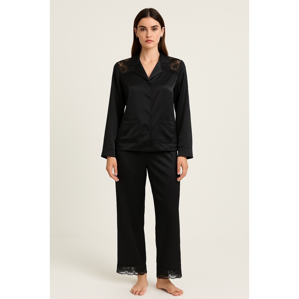 H&M Black Satin Lace Trim Pajama Set Long Sleeve Button Up Pants XS